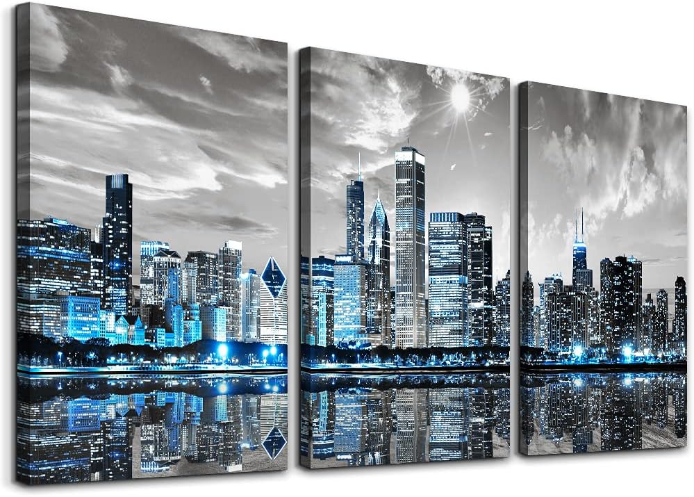 SERIMINO Chicago Skyline Wall Art for Living Room, Modern City Pictures Canvas Wall Decor for Office Bedroom 3 Pieces Set Night Scene Prints Paintings for Home 12″X16″